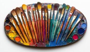 Colorful paint palette with brush strokes and paintbrushes resting on a vibrant surface photo