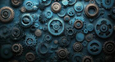 Intricate arrangement of metallic gears against a textured blue background in industrial design photo