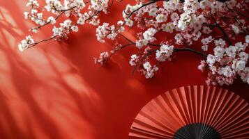 Red background with pink cherry blossoms and decorative circular fans in harmony photo