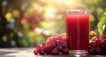 Refreshing grape juice in a glass surrounded by fresh grapes in natural sunlight photo