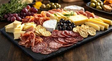 A colorful charcuterie board featuring various meats and cheeses displayed on a rustic wooden table photo