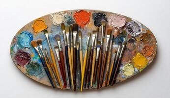 Colorful paint palette with brush strokes and paintbrushes resting on a vibrant surface photo