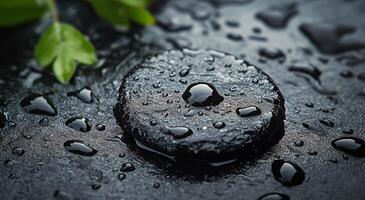 Smooth black stone with water droplets resting on a dark surface surrounded by greenery photo