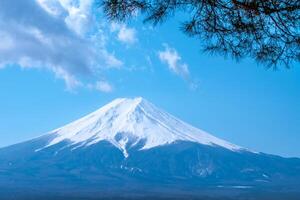 Mountain Fuji of snow on top in japan with blue sky and clouds view background photo