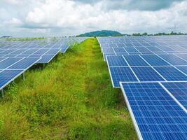 Top view of Solar panels on farm. Alternative source of electricity. solar panels absorb sunlight as a source of energy to generate electricity creating sustainable energy photo