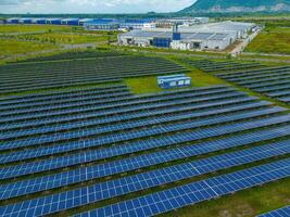 Top view of Solar panels on farm. Alternative source of electricity. solar panels absorb sunlight as a source of energy to generate electricity creating sustainable energy photo