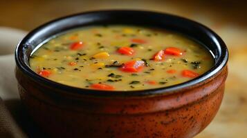 This delightful bowl of vegetable soup features vibrant reds and greens photo