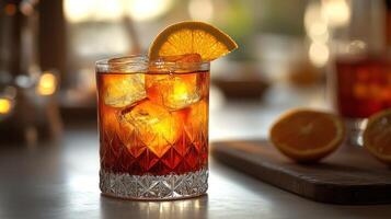 A vibrant cocktail shines with ice and citrus, capturing the warmth of evening light photo