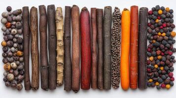 An enchanting display of sticks and colorful natural items arranged intricately photo