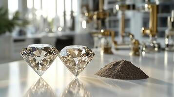 Two radiant diamonds rest next to a small pile of sand in a sophisticated workspace photo