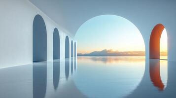 Tranquil reflection of soft colors and archways in a peaceful minimalist setting photo