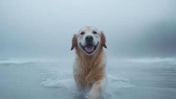 A fluffy golden retriever enjoying a deep sleep with a contented expression photo