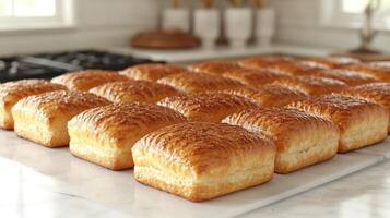 A selection of five unique baguettes, each with distinct crust patterns and textures photo