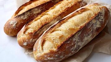 Golden crusted baguettes rest side by side, showcasing their perfect texture and aroma photo