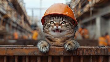 A playful ginger kitten relaxes with a hard hat on, bringing joy to a construction area photo