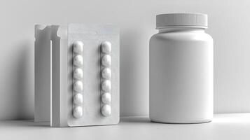 Plain white tablets arranged alongside a smooth, modern medicine container photo