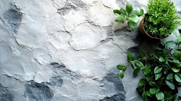 Lush green foliage contrasts with a stylish gray backdrop, evoking tranquility indoors photo
