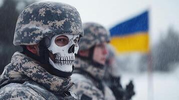 Soldiers in snowy terrain show intensity and resolve, ready for action photo