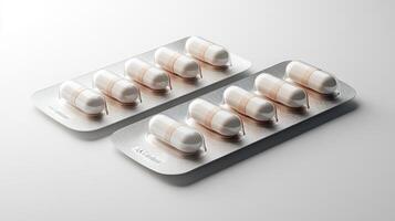 Two blister packs holding capsules are meticulously arranged, highlighting their design photo