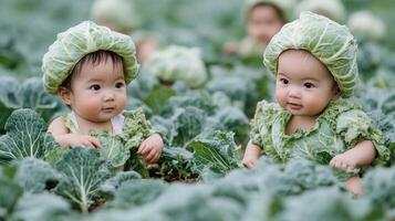 Little ones in green attire explore a vibrant garden full of fresh cabbages photo
