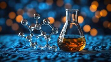 A glimmering flask with amber liquid stands next to a crystal model of a molecule photo