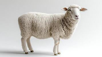 The sheep exhibits its soft wool while posing in a serene indoor space, radiating calm photo