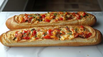 Three golden-brown crusty loaves resting on parchment after baking, exuding warmth photo