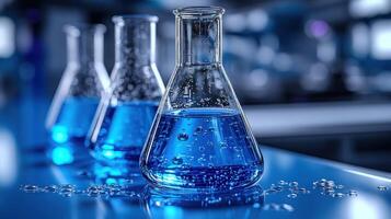 Researchers conduct fascinating experiments with vibrant blue solutions in flasks photo
