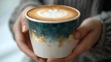A person enjoys a delectable latte adorned with intricate art in a stylish cup photo