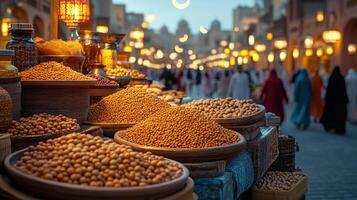 A bustling marketplace brimming with colorful spices as twilight falls softly photo