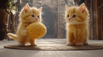 Two playful kittens explore a vibrant yarn ball in an enchanting setting photo