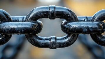 Sturdy black links of a chain intertwined while sunlight glints off its surface photo