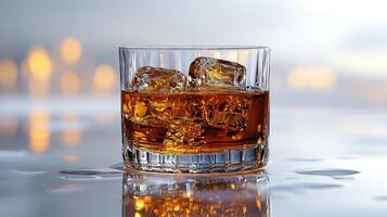 A glass filled with whiskey glimmers as ice cubes gently clink together photo