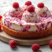 A raspberry cheesecake with creamy ice cream and fresh berries delights the eye photo