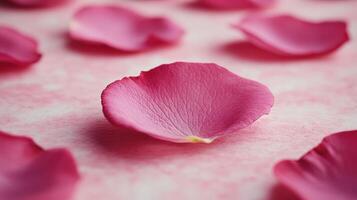 Soft pink rose petals lay scattered, creating an elegant and romantic atmosphere photo