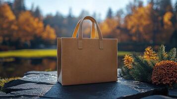 A fashionable beige tote rests on a stone near a tranquil lake under fall colors photo
