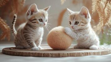 Kittens playfully interact with a fuzzy ball, enjoying their time together photo