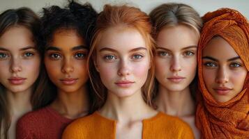 Five women stand together, each displaying their distinctive beauty and style in harmony photo