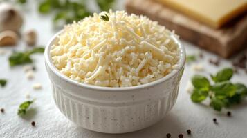 Grated cheese sits invitingly in a bowl, accented by fresh herbs and spices nearby photo