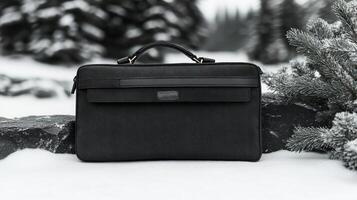 A modern black bag sits on a rocky surface, surrounded by soft snow and evergreen trees photo