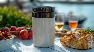 A lovely spread of fresh fruits, pastries, and drinks creates a cheerful atmosphere photo