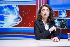 News reporter addressing daily topics on live television program to create exclusive content, broadcasting international transmission. Media reproter giving insight on daily events. photo