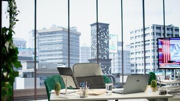 Empty global corporation office in a luxurious urban city center, modern workspace equipped with professional tools and networking system. Career development and motivation. photo
