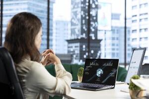 Forecast expert CEO analyzing investment insights and negotiations details, looking at data analytics and reports to establish the corporation vision and objectives. Business productivity. photo