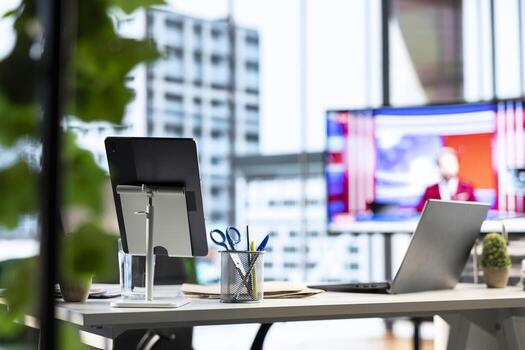 Empty global corporation office in a luxurious urban city center, modern workspace equipped with professional tools and networking system. Career development and motivation. photo