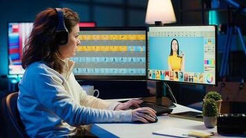 Freelancer editing professional photographs, working in home studio while enjoying music. Photo editor using headphones to listen favorite songs while using editing software, camera A
