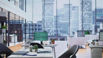 Empty modern office setup with a focus on recruitment process and hiring new personnel, business professionals develop their careers in a multinational company. Workforce planning. photo