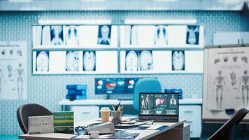 Spacious and empty healthcare office with modern medical equipment, designed for patient care and treatment. Emphasizing the importance of examinations with a stethoscope. Close up. photo