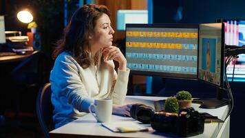 Photographer using advanced photo editing software on monitor. Photo editor utilizing specialized photographs retouching application to make adjustments on computer screen, camera A