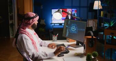 Trained arabic technician updating neural networks, writing intricate binary code scripts on computer. Middle Eastern man uses digital device programming to upgrade AI with TV as background noise photo